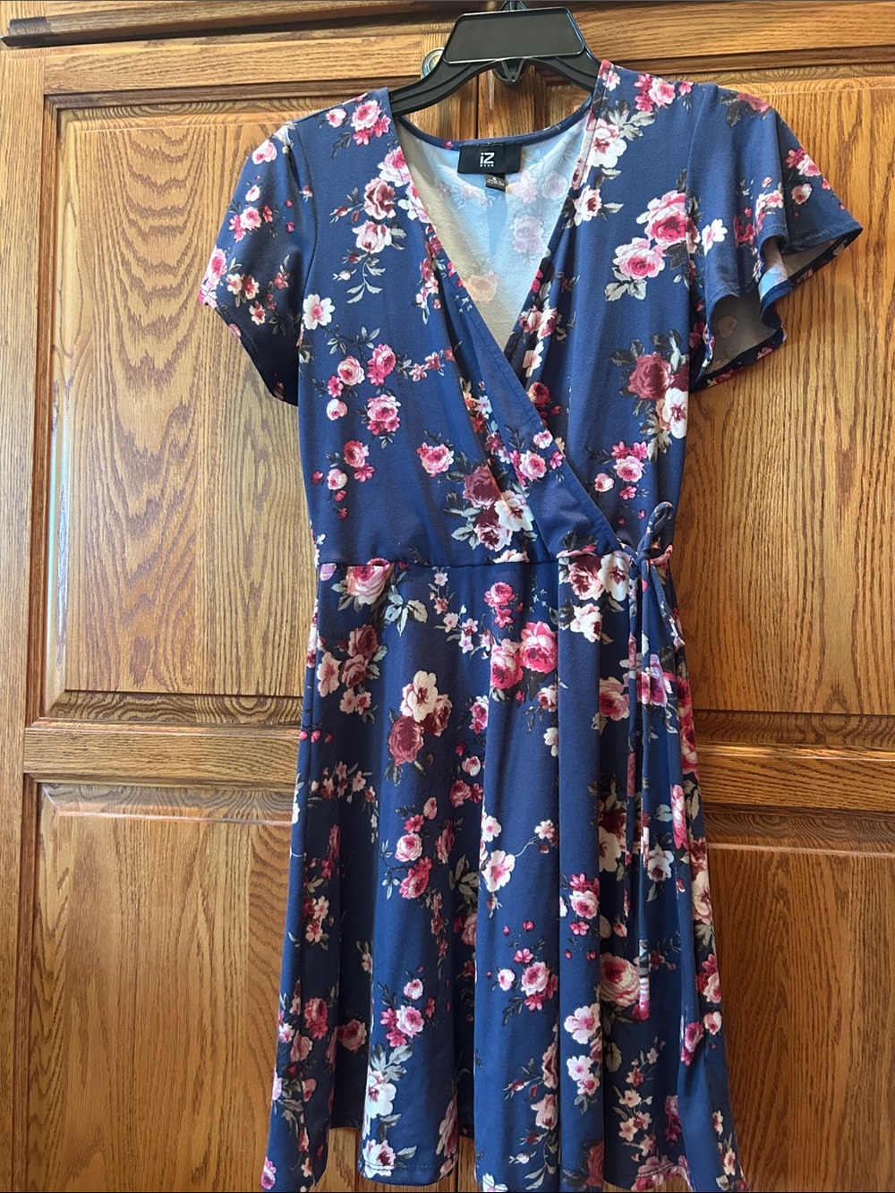 Iz Byer Navy Floral Wrap-Style Mini Dress with Pink Roses